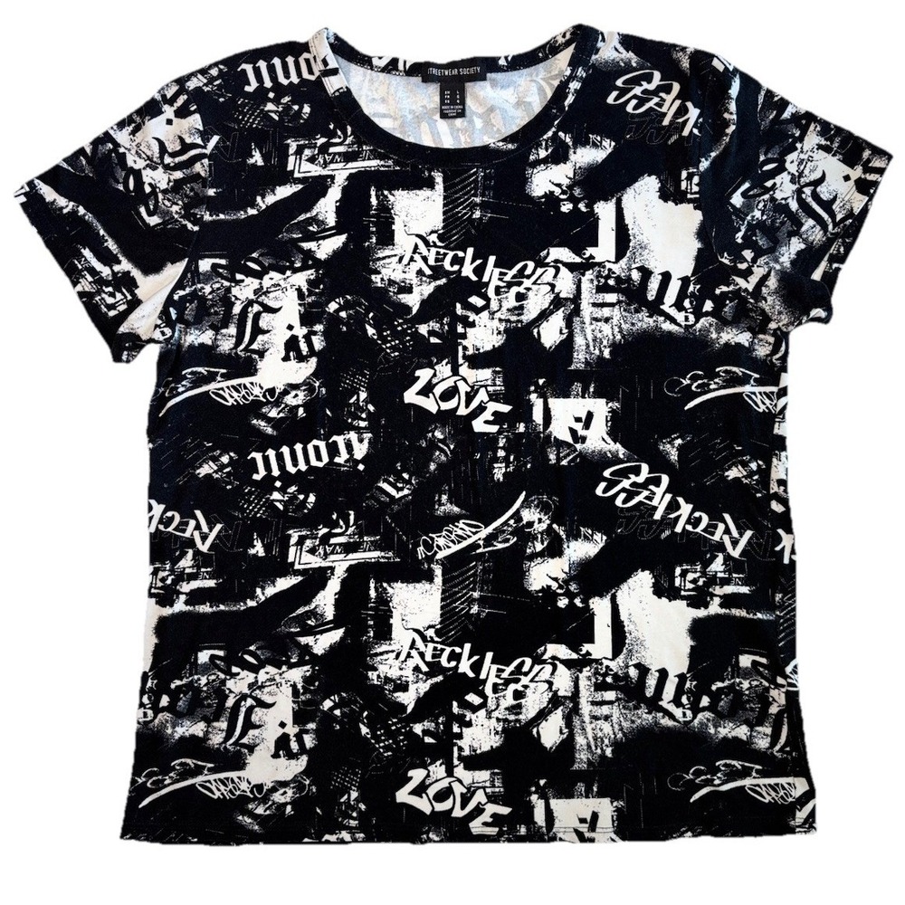 Streetwear Society Graphic T Shirt Black White All Over Print Stretch Tee L